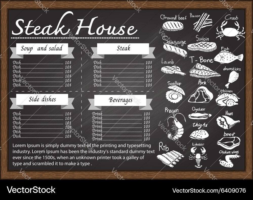 Steak menu on chalkboard Vector Image
