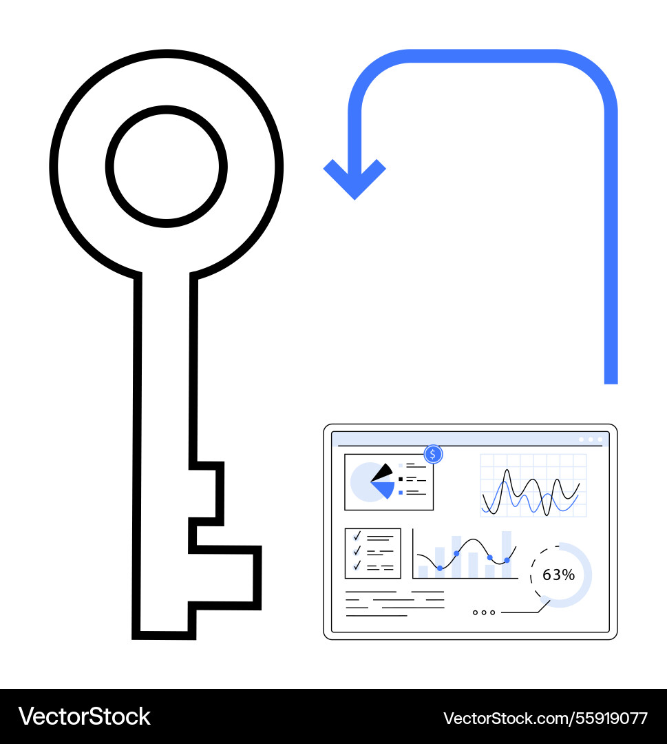 Key with data analytics dashboard and growth arrow Vector Image