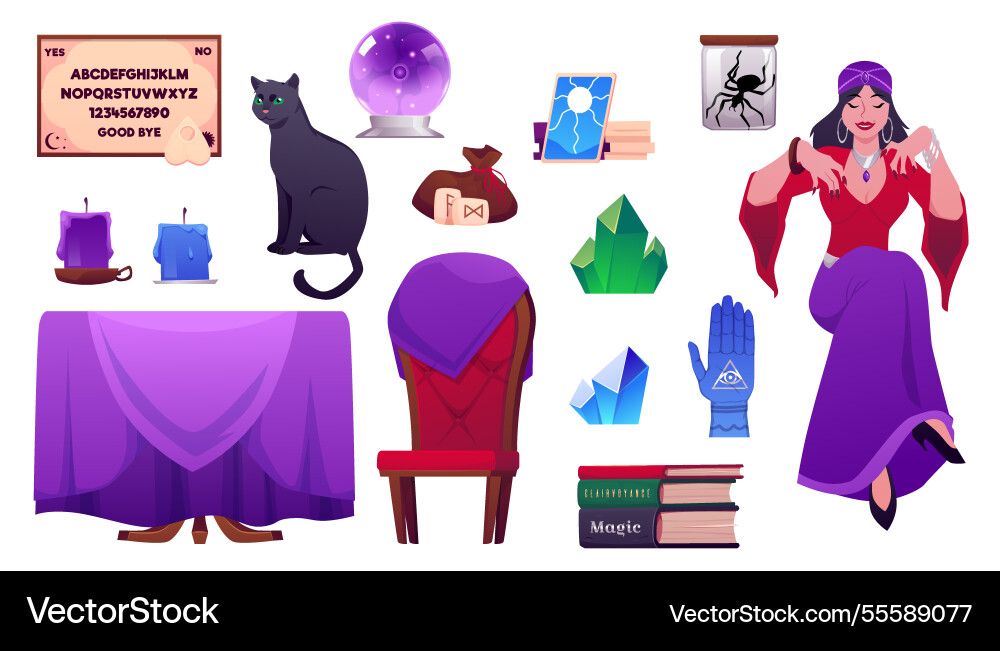 Set of magic items with gypsy oracle Set of magic items with gypsy oracle vector image