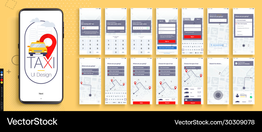 Mobile App UI/UX - Taxi & Navigation vector image