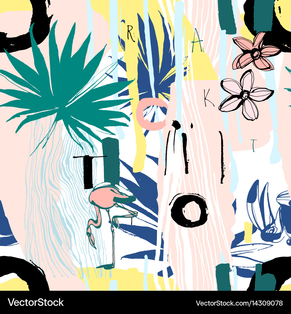 Tropical Palms & Flowers Pattern vector image
