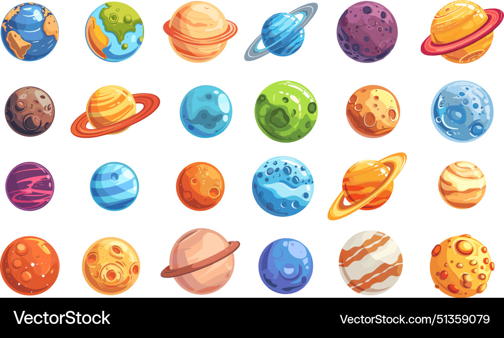 Cartoon Space Planets Asteroids And Moons Set Vector Image