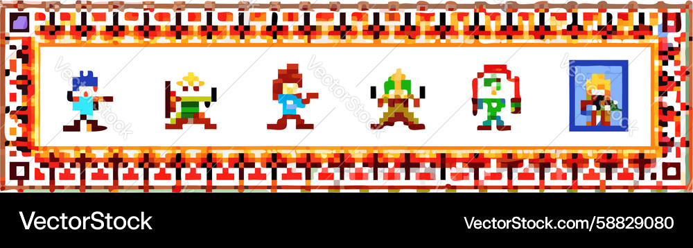 Pixel art game characters border with classic Vector Image