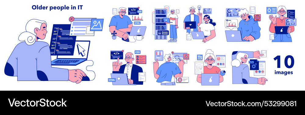 Senior developer set old people programming Senior developer set old people programming vector image
