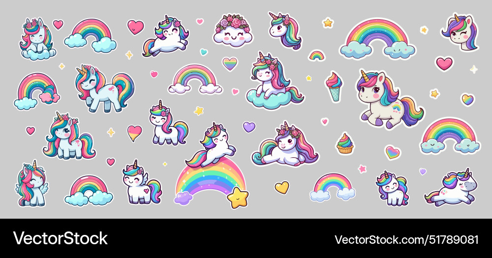 Set of cute cartoon unicorn stickers with magic Set of cute cartoon unicorn stickers with magic vector image