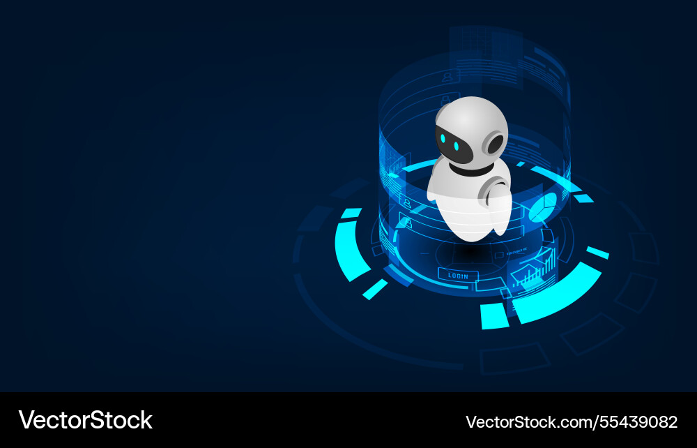 Isometric robot bot operating virtual interface Isometric robot bot operating virtual interface vector image