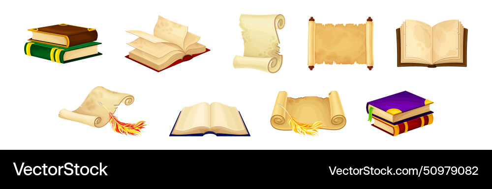 Old book in hard cover with pages and scroll Old book in hard cover with pages and scroll Vector Image