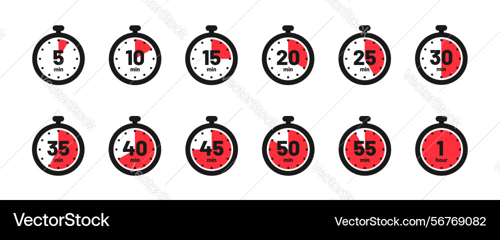 Set of timer clock faces and stopwatch icons Set of timer clock faces and stopwatch icons vector image