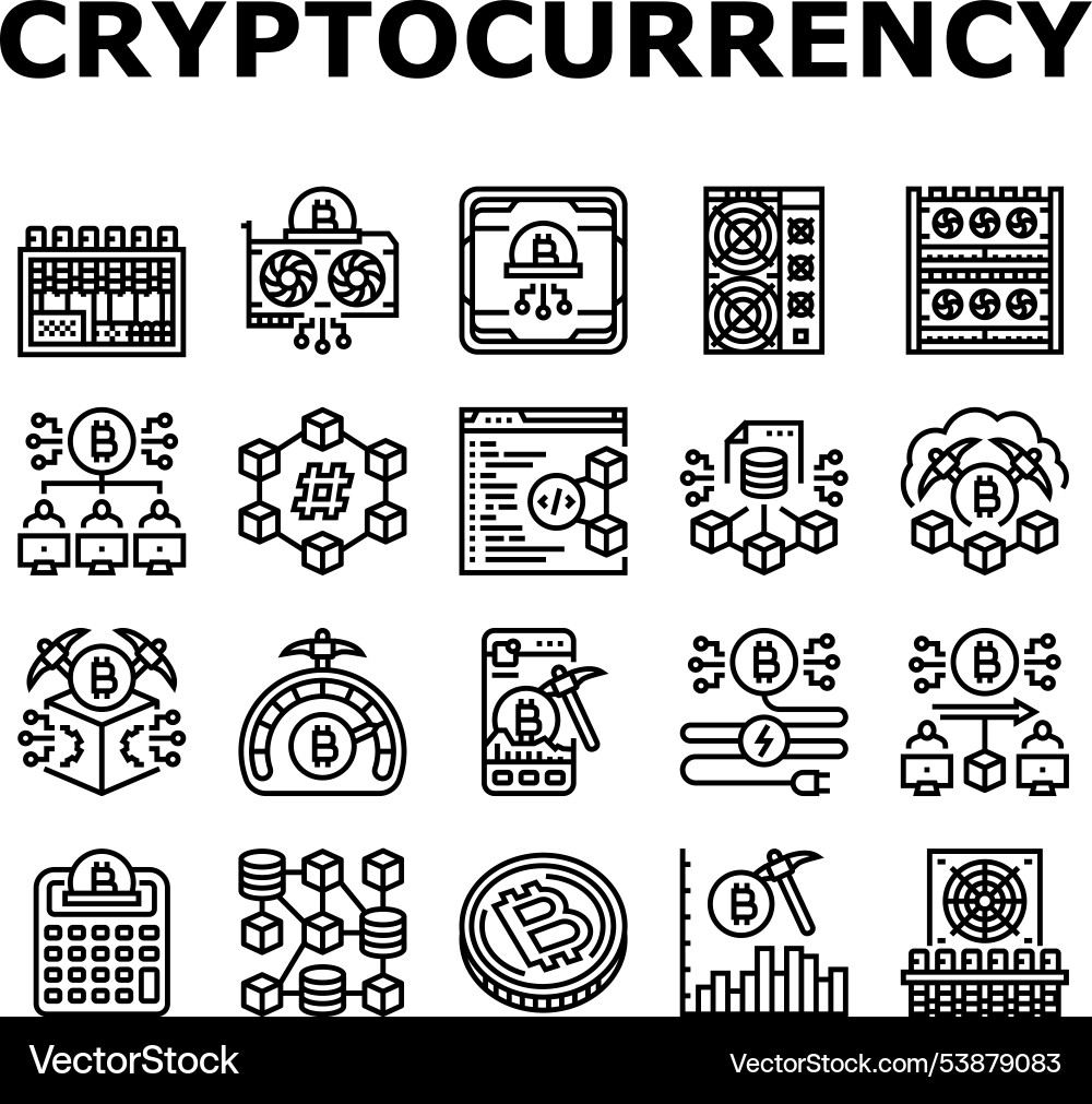 Cryptocurrency mining blockchain icons set vector image