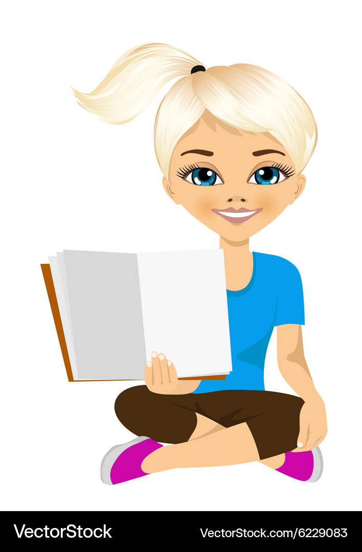 Girl showing the open pages of her book Vector Image