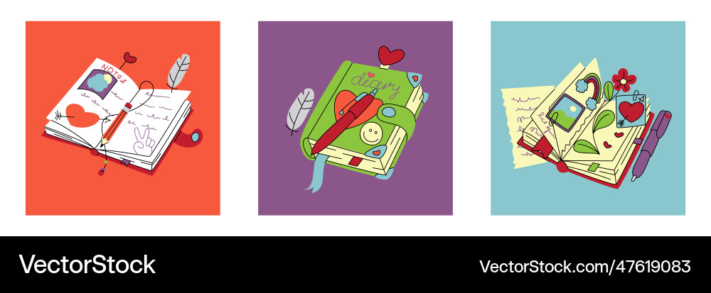 Notebook and diary icons hand notes in book pen Vector Image