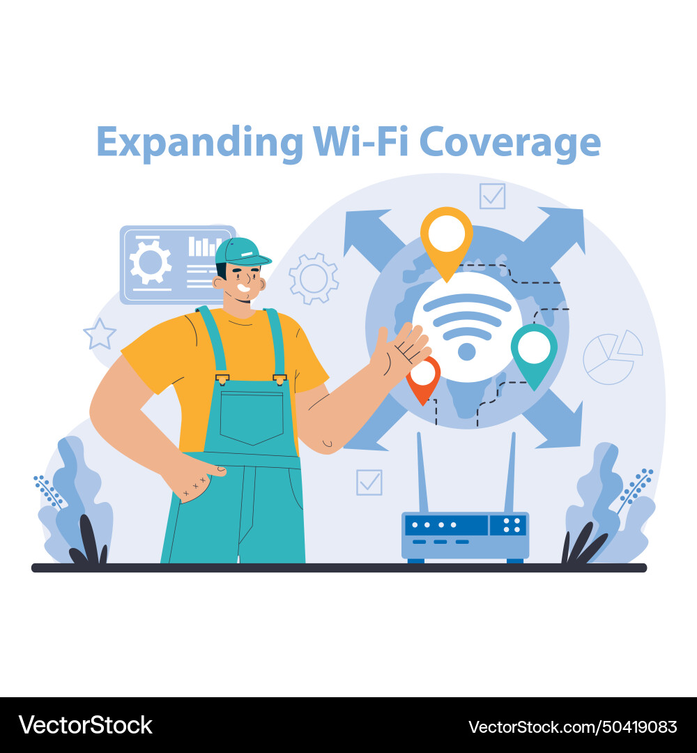 Wi-fi network specialist setting up developing Wi-fi network specialist setting up developing vector image