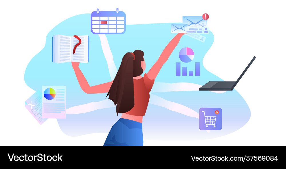 Businesswoman doing many tasks time management Businesswoman doing many tasks time management vector image