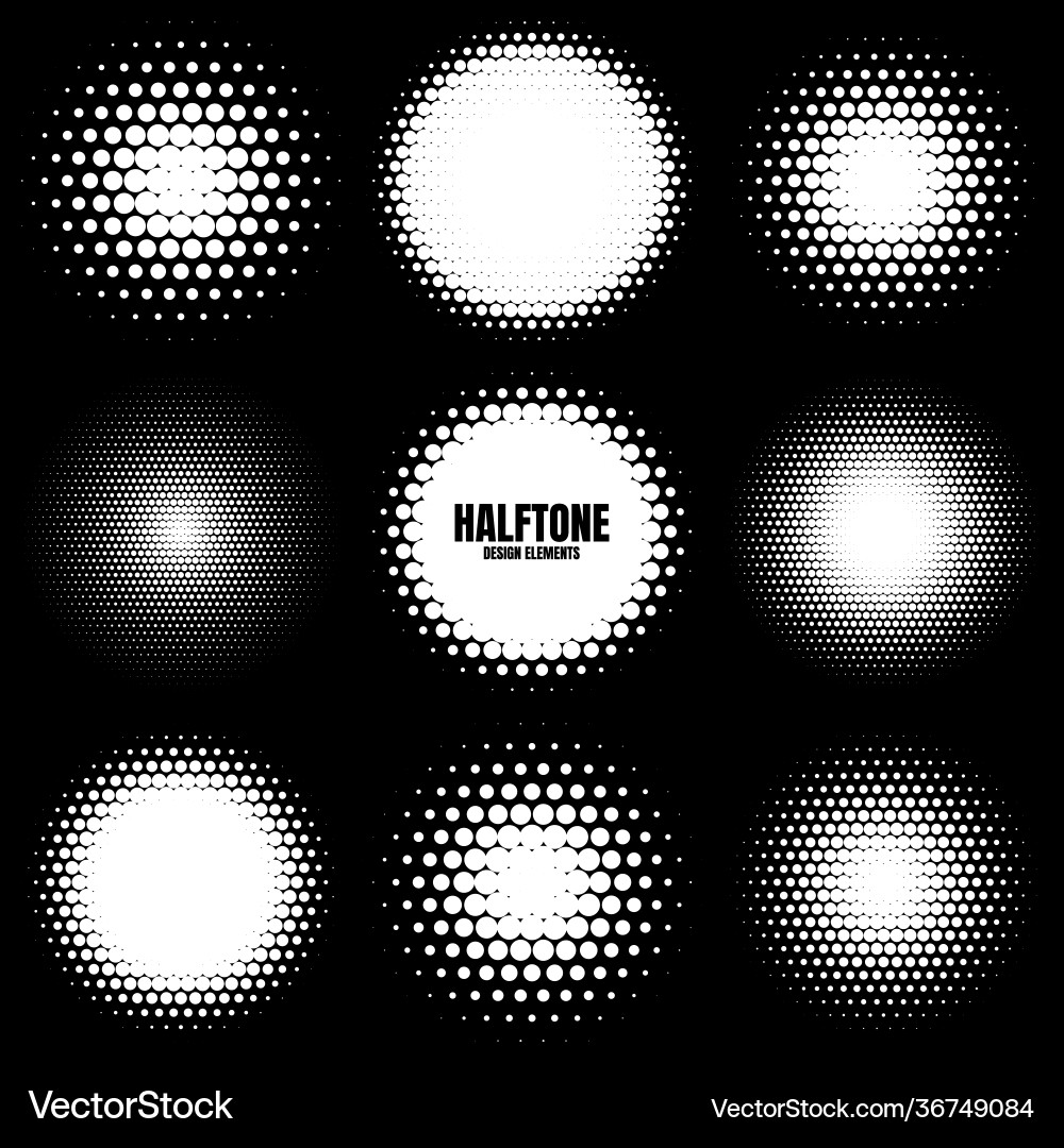 Circle halftone design elements with white dots Circle halftone design elements with white dots vector image