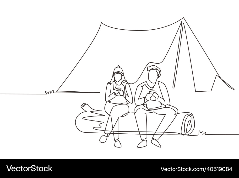 Single continuous line drawing couple sit on log Single continuous line drawing couple sit on log vector image