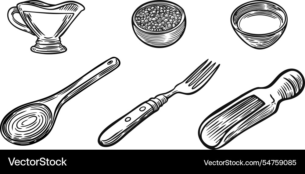 Kitchenware engraved line drawing set isolated Vector Image