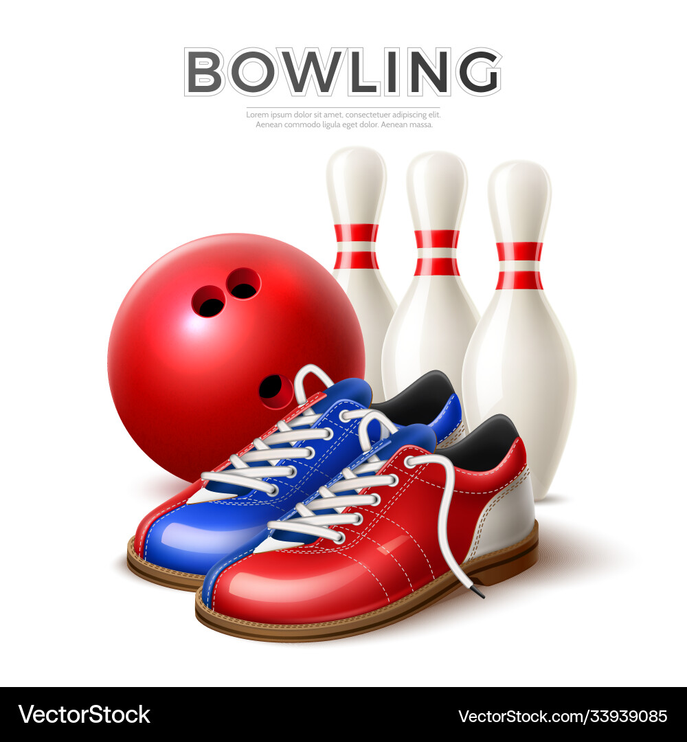 Realistische Bowlingkugelschuhe Skittle Pins Realistische Bowlingkugelschuhe Skittle Pins vektorbild