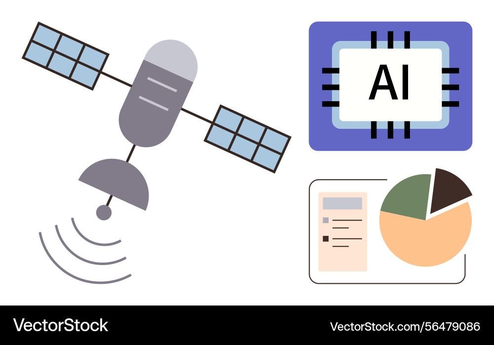 Satellite transmitting data with ai chip Satellite transmitting data with ai chip vector image
