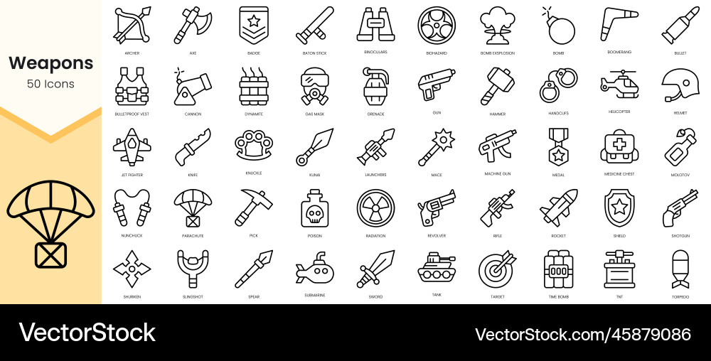 Simple outline set of weapons icons linear style Simple outline set of weapons icons linear style vector image