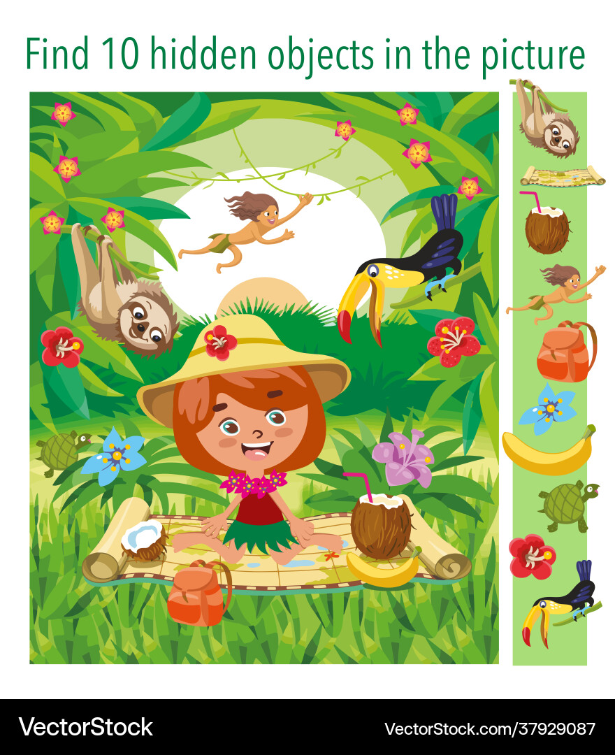 Jungle Adventure: Find 10 Hidden Objects vector image