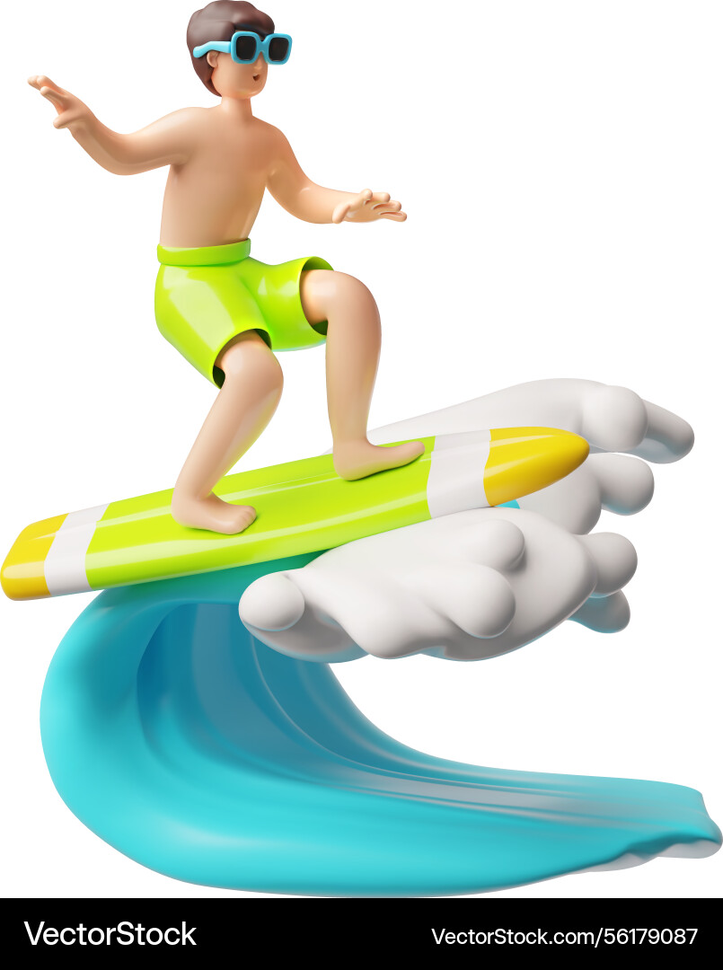 Man rides a surfboard on wave 3d plastic cartoon Man rides a surfboard on wave 3d plastic cartoon Vector Image
