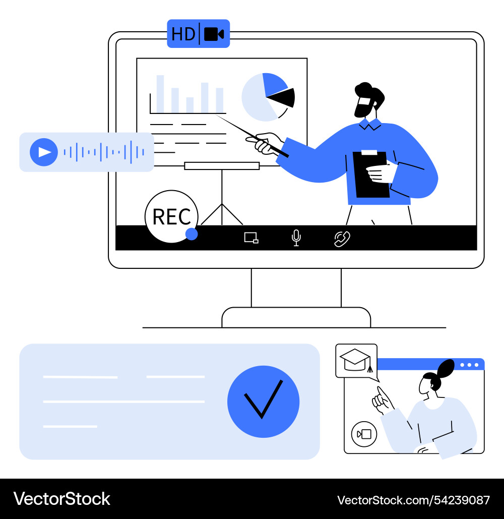 Virtual presentation with data analysis on monitor Virtual presentation with data analysis on monitor Vector Image