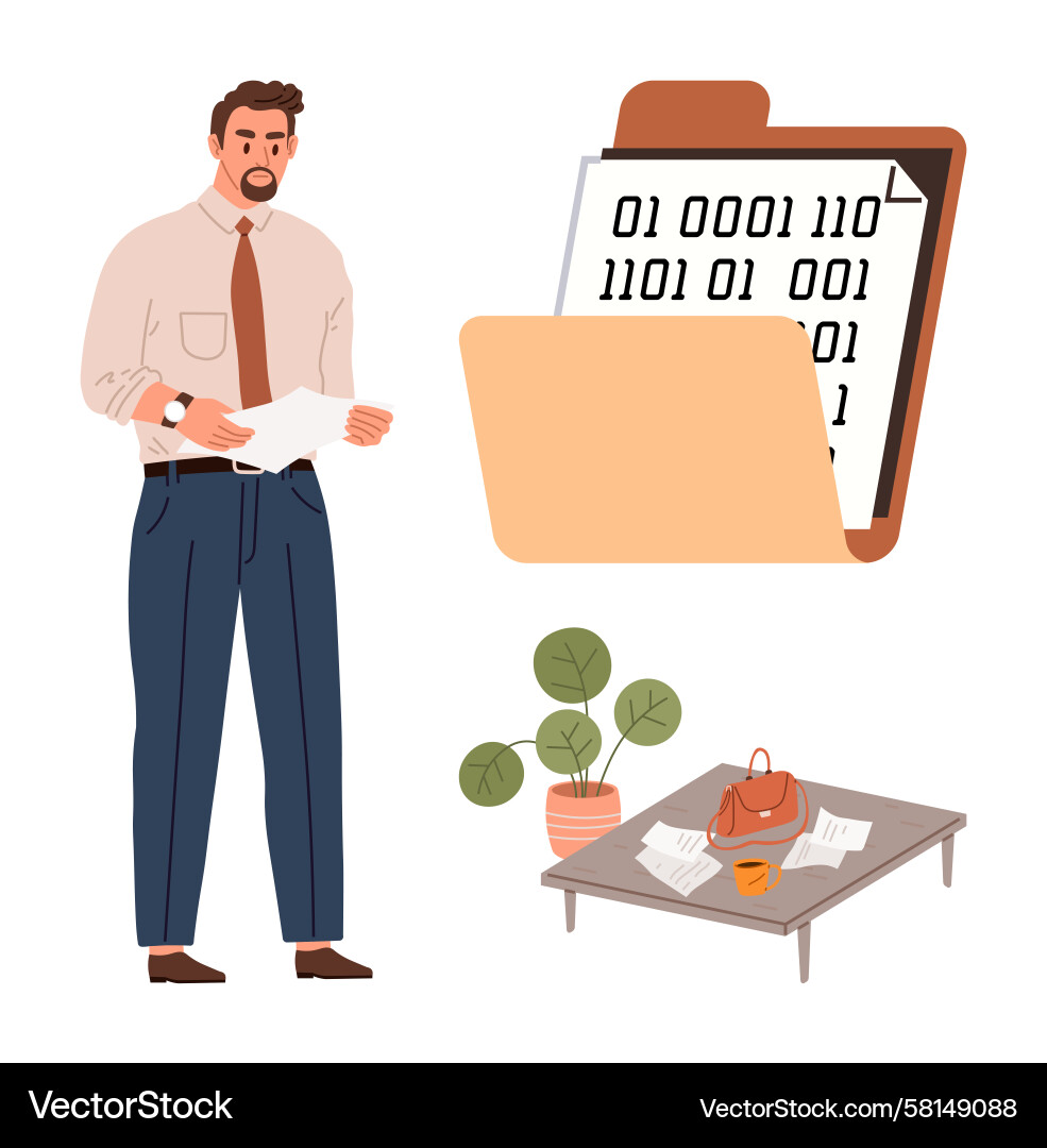 Office Worker with Binary Code Documents Vector Image