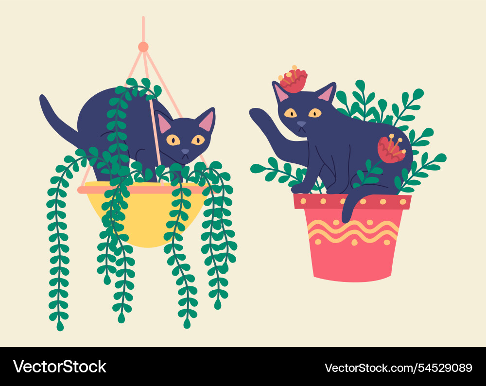 Cartoon-Farbzeichen Katzen in Töpfen mit Farn Cartoon-Farbzeichen Katzen in Töpfen mit Farn vektorbild