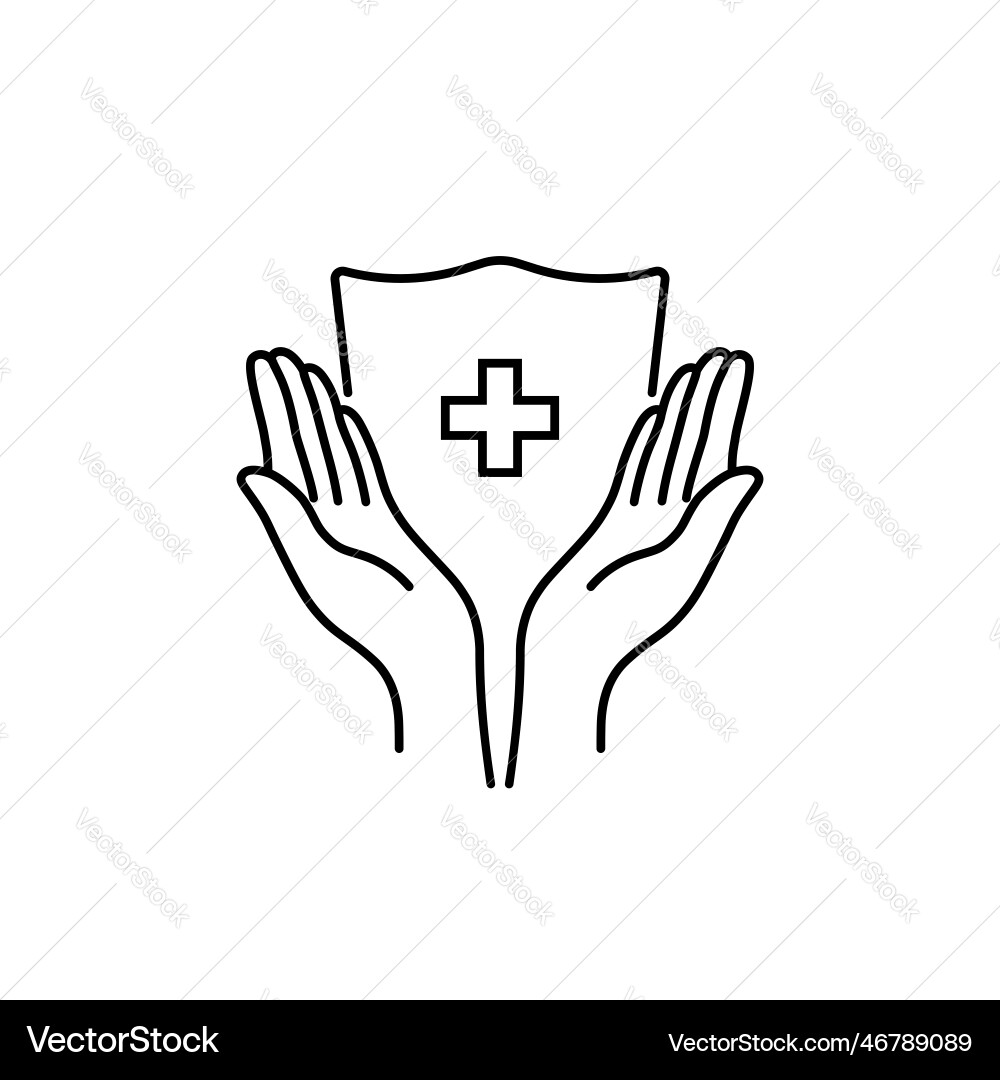 Thin line shield and cross with two hands Thin line shield and cross with two hands vector image