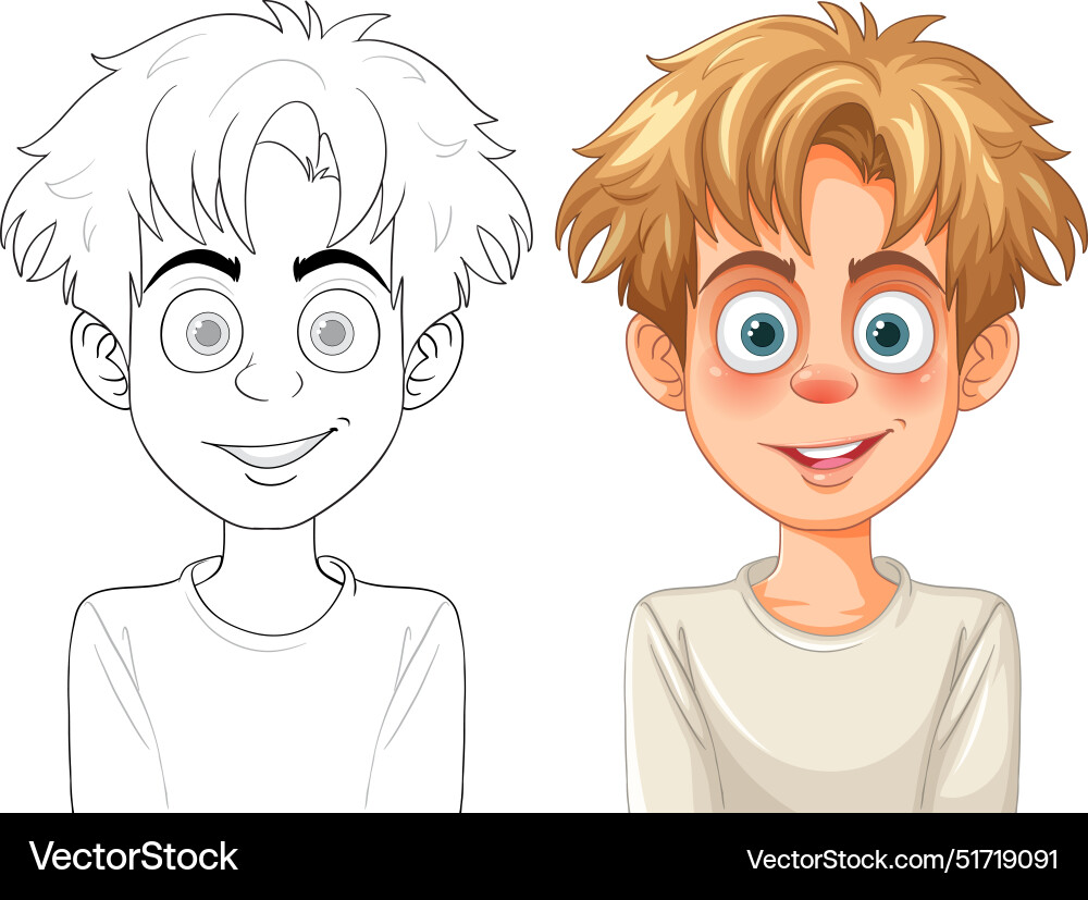 Smiling boy with colored and outlined versions Vector Image
