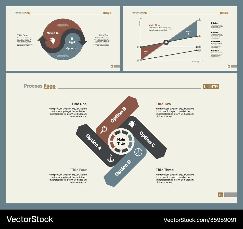 Three analytics slide templates set Three analytics slide templates set Vector Image