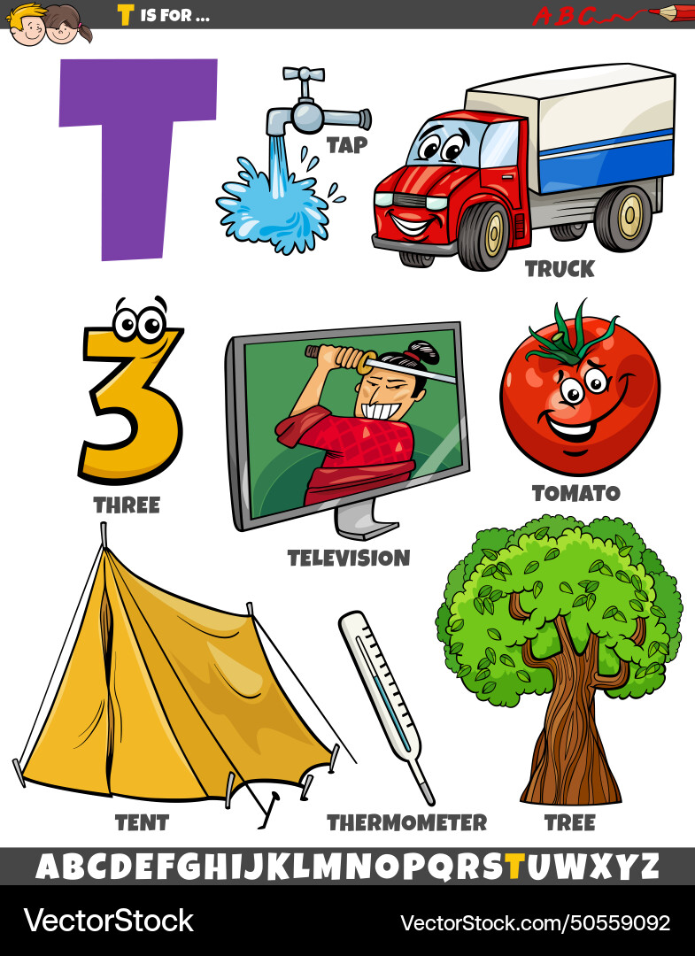 Letter t set with cartoon objects and characters Letter t set with cartoon objects and characters vector image
