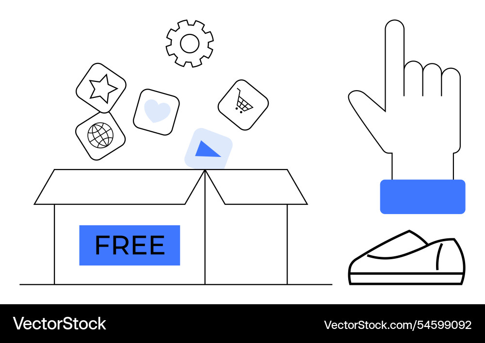 Open box with apps icons and pointing hand Open box with apps icons and pointing hand vector image