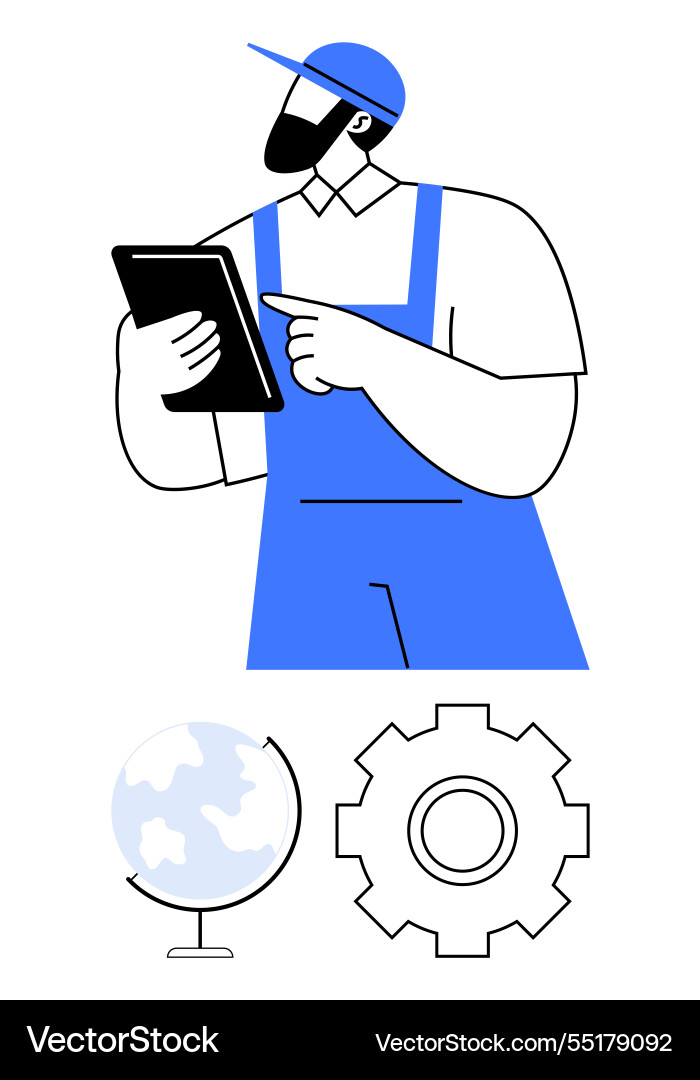 Technician with tablet overseeing workflow next Technician with tablet overseeing workflow next vector image