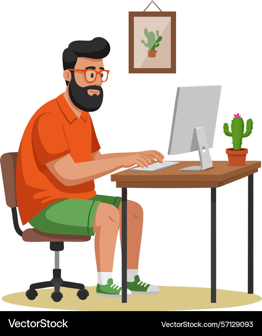 Man working on computer at desk wearing orange Man working on computer at desk wearing orange vector image