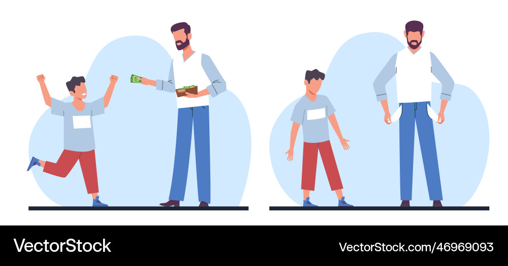 Vater gibt Geld von Geldbörse zu Sohn Vater gibt Geld von Geldbörse zu Sohn vektorbild