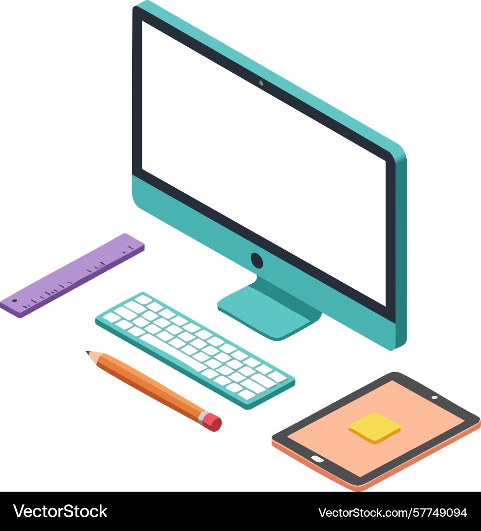 Desktop computer with keyboard pencil ruler Desktop computer with keyboard pencil ruler Vector Image