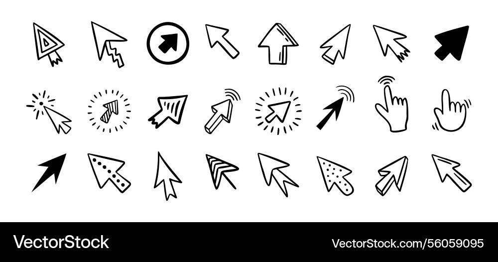 Cursor doodle icon set click hand drawn Cursor doodle icon set click hand drawn vector image