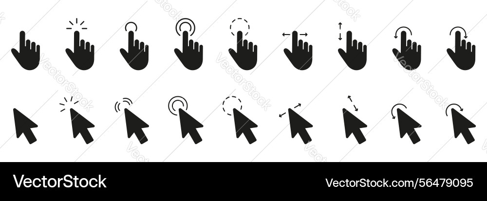 Hand gesture and cursor click solid icon set Hand gesture and cursor click solid icon set Vector Image