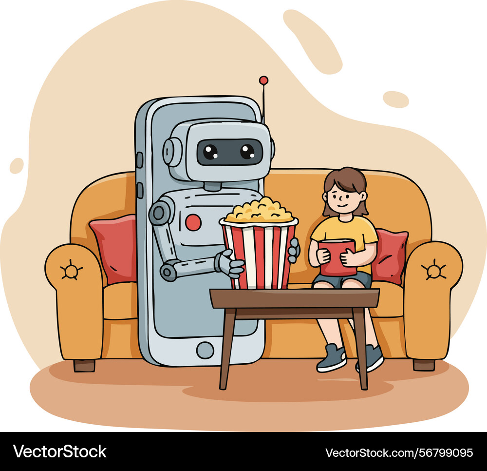 Robot character on smartphone screen watching Vector Image