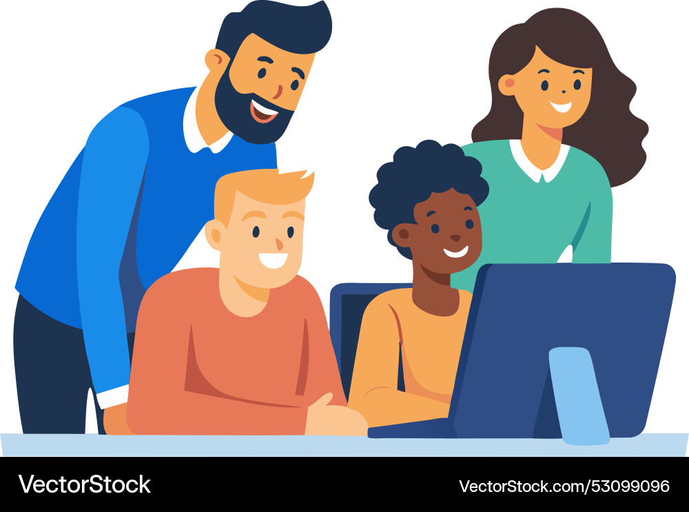 Diverse team brainstorming with computer Diverse team brainstorming with computer vector image