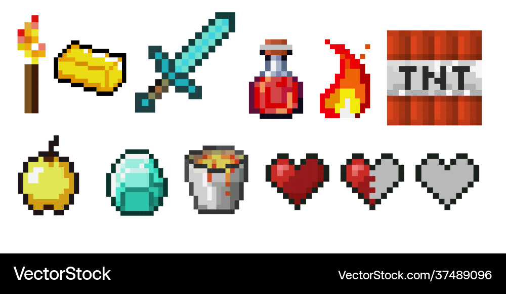 Pixel Game Objects: Bottles, Flame, Sword vector image