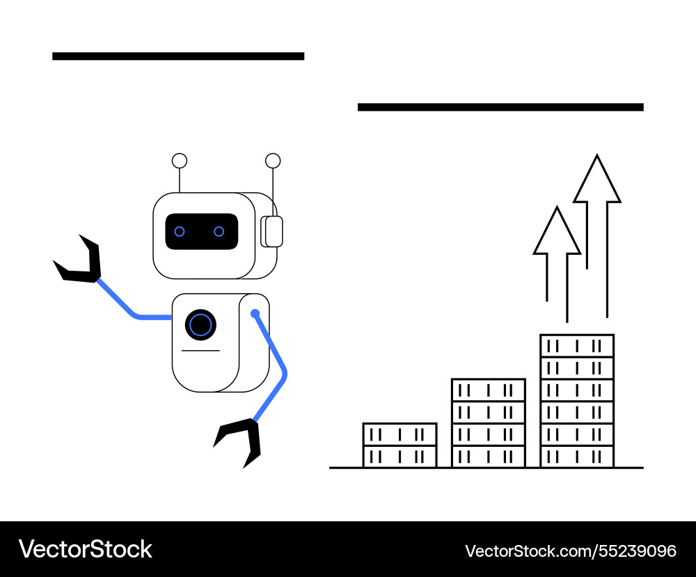 Robot with claw arms next to bar chart and upward Vector Image