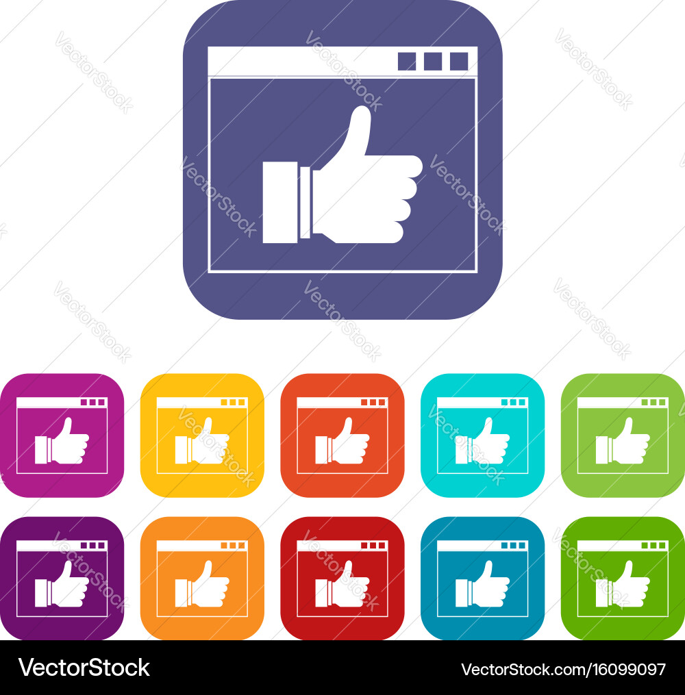Hand with thumb up in browser icons set vector image