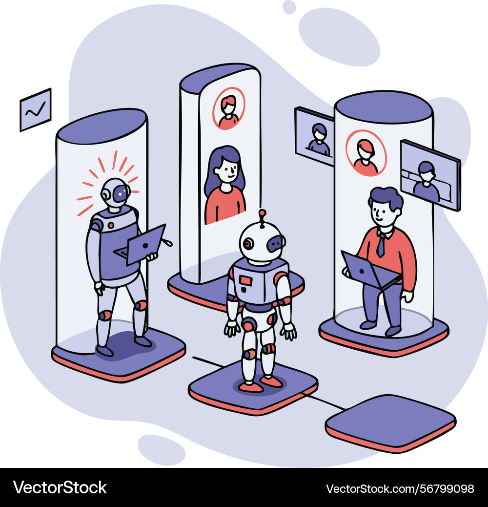 Robot and human interaction with digital profiles Robot and human interaction with digital profiles vector image