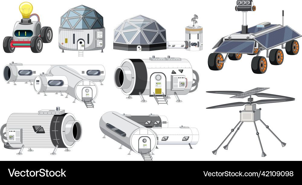 Set of spaceship and satellite objects vector image