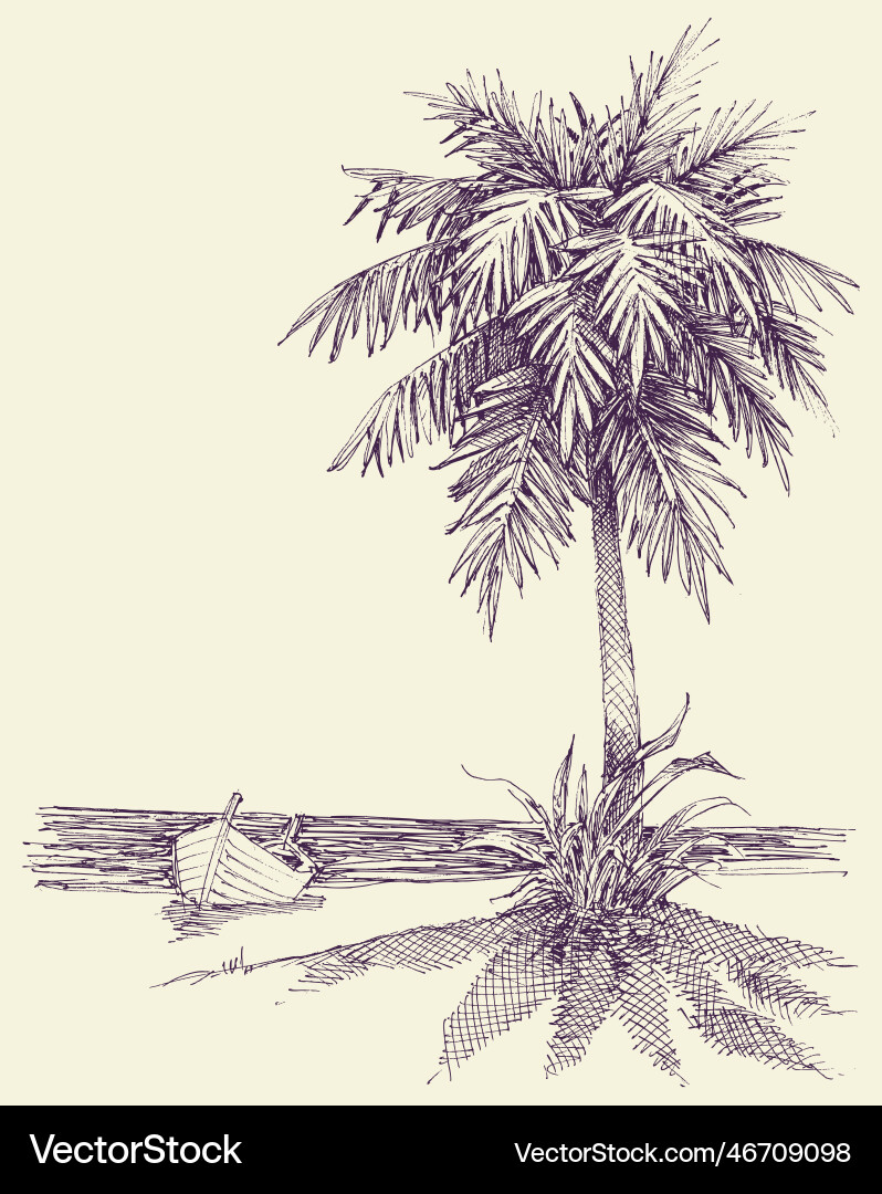 Wooden boat on sea shore palm tree the beach Wooden boat on sea shore palm tree the beach vector image