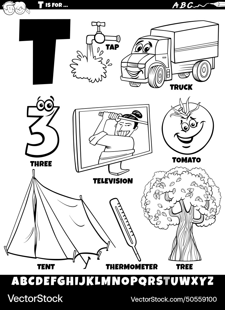 Letter t set with cartoon objects and characters Letter t set with cartoon objects and characters Vector Image
