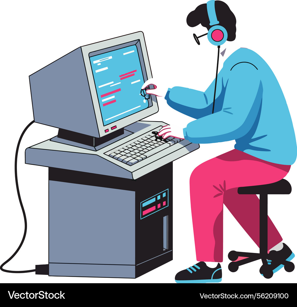 Young man coding on retro computer Young man coding on retro computer vector image