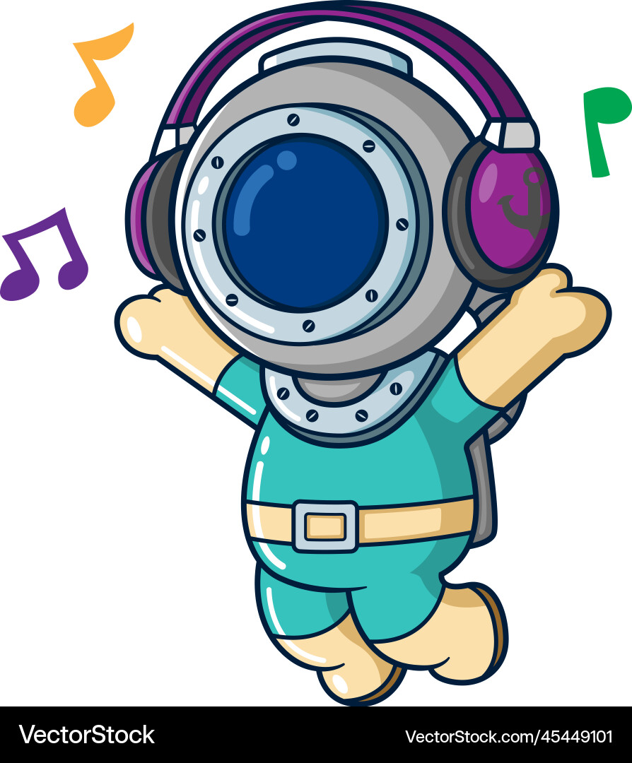 Happy diver dancing and jumping with using headset Vector Image